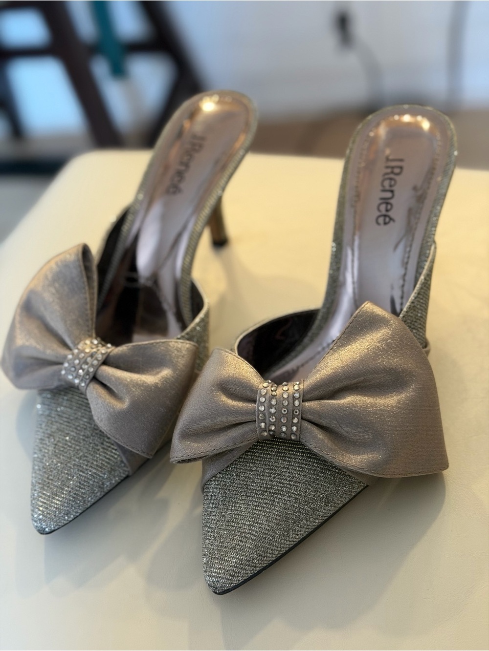 J.Renee Silver Pointed-Toe Bow Heels with Rhinestone Accent